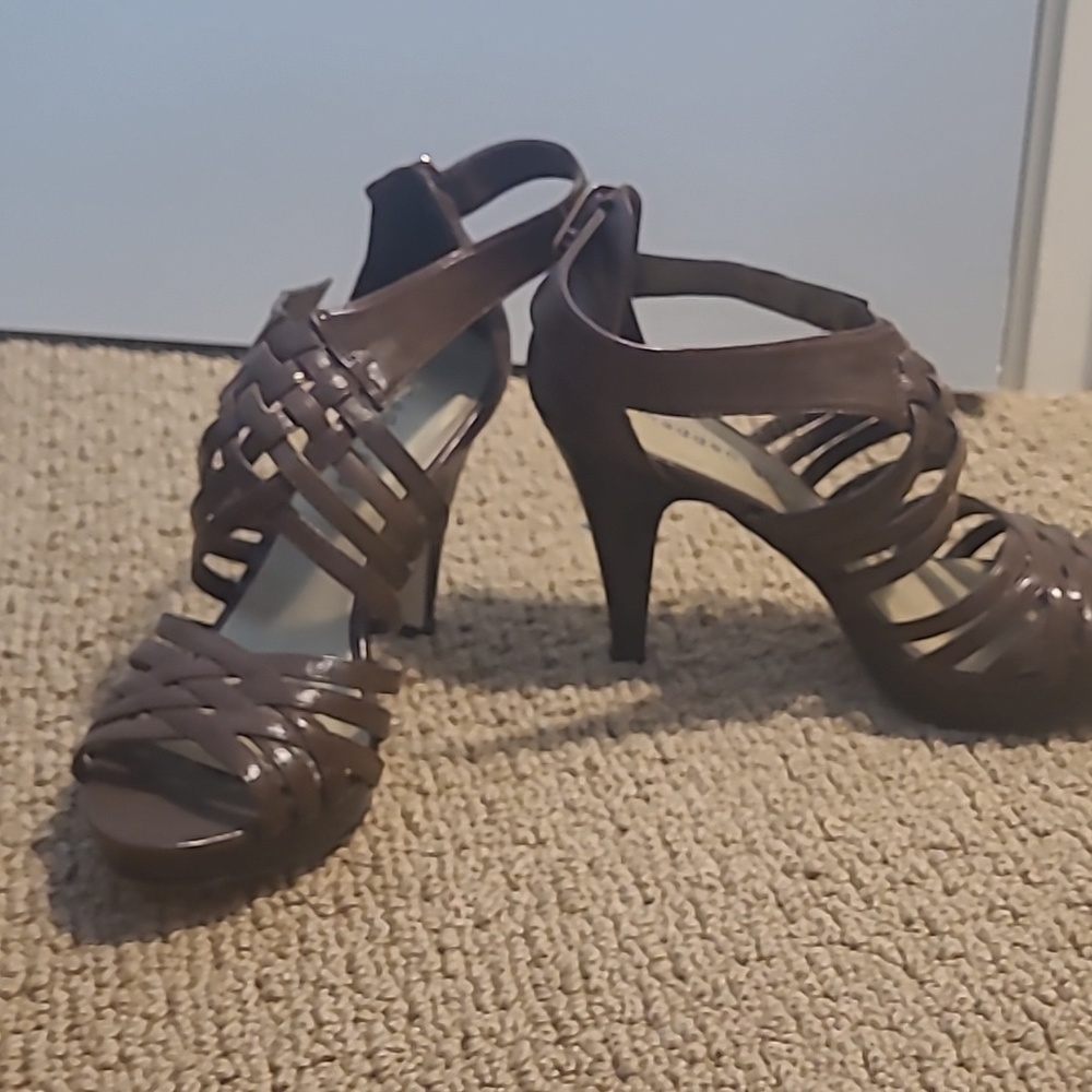 Chocolate brown high heel shoes.